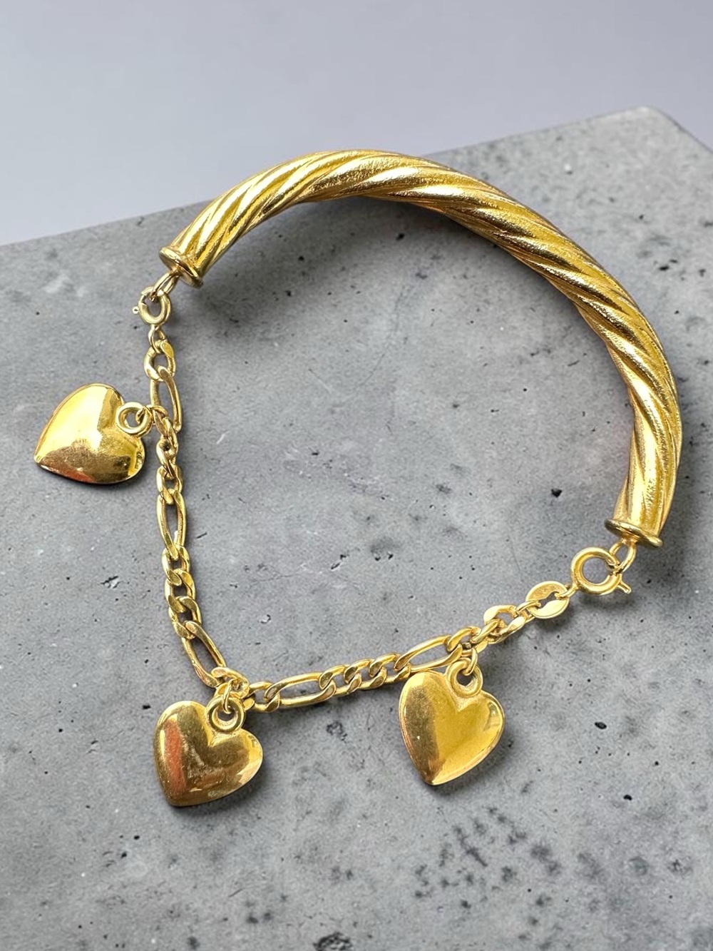 18K Solid Gold Twisted Bangle & Figaro Chain Heart Charm Bracelet (7")